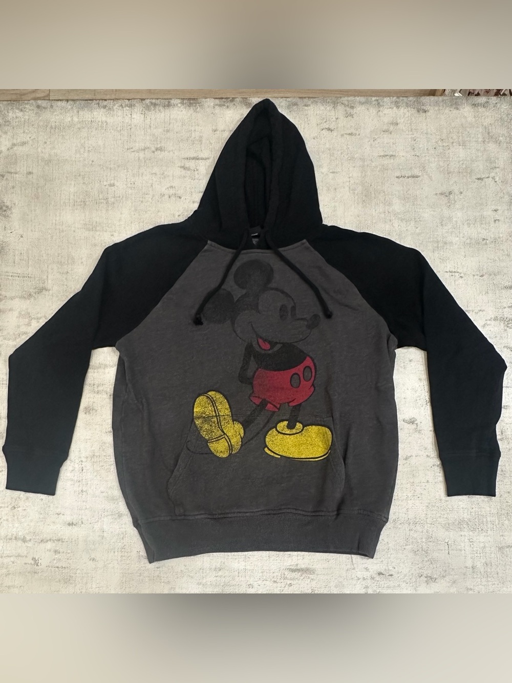 Disney Vintage Mickey Mouse Colorblock Hoodie | Charcoal Black Raglan Sweatshirt